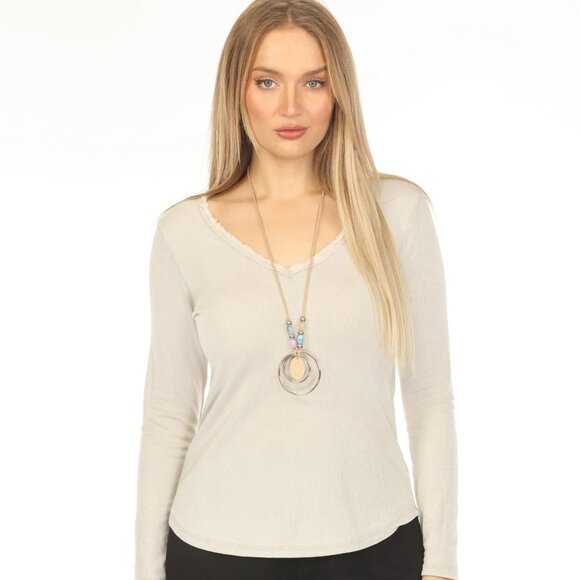 Beige 100% Cotton V Fringe Neck Top - Picture 1 of 6